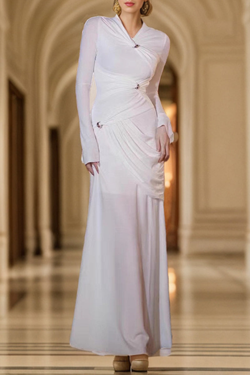 Elegant Solid Metal Accessories Decoration Fold O Neck Evening Dress Dresses White