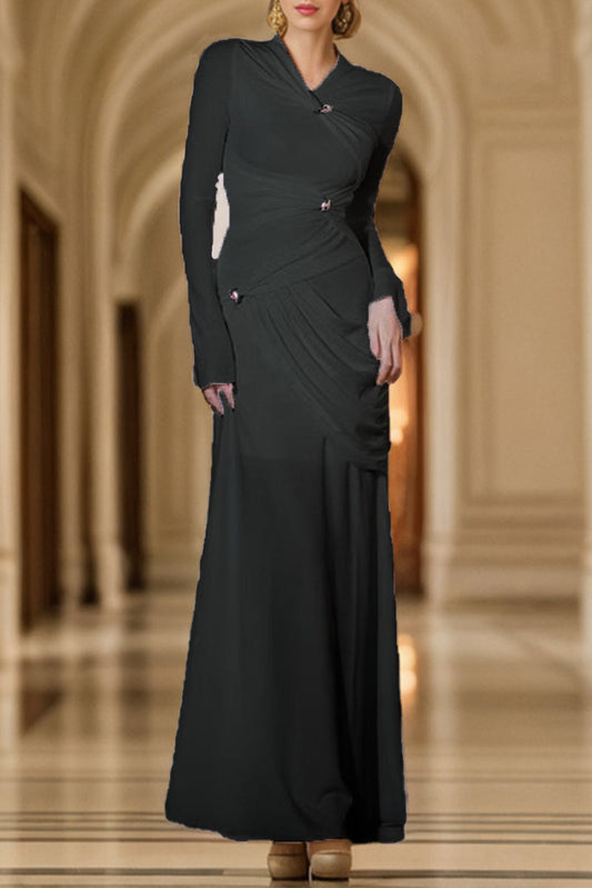 Elegant Solid Metal Accessories Decoration Fold O Neck Evening Dress Dresses Black