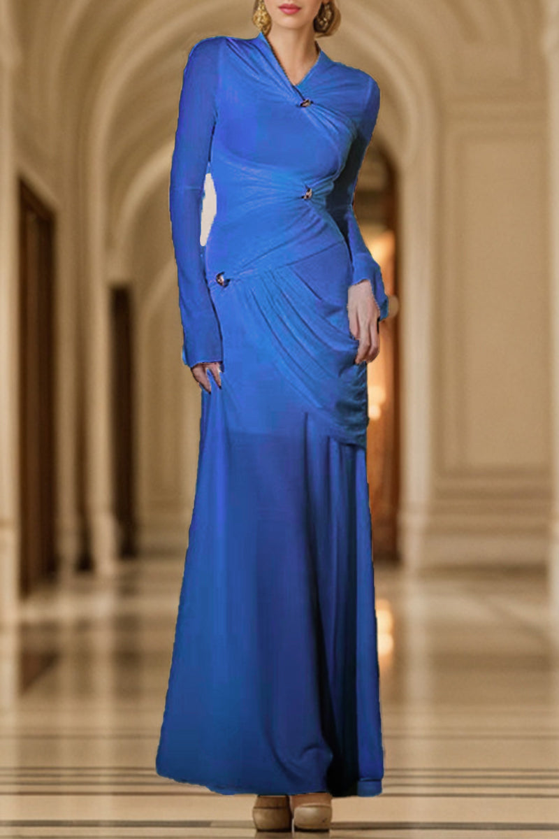 Elegant Solid Metal Accessories Decoration Fold O Neck Evening Dress Dresses Blue