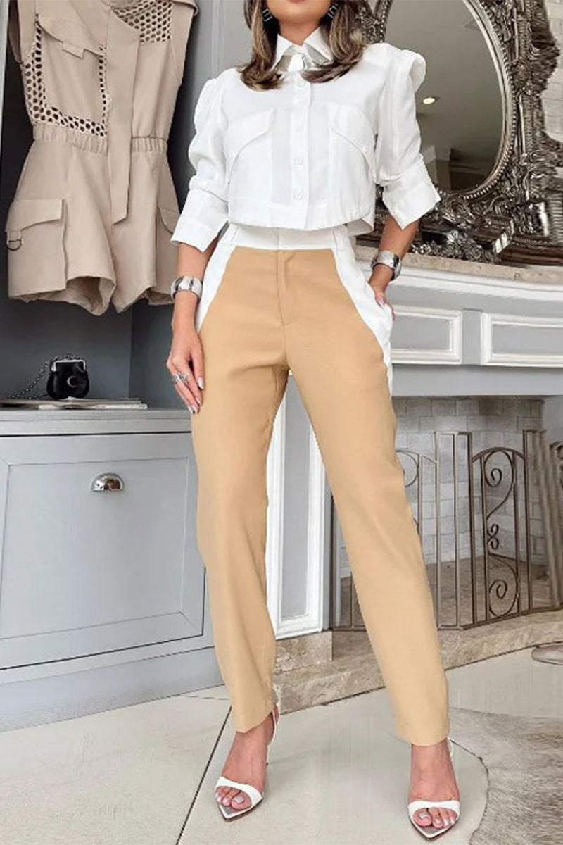 Casual British Style Color Block Pocket Contrast Turndown Collar Long Sleeve Two Pieces