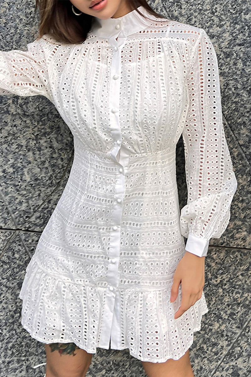 Elegant Solid Embroidered Hollowed Out Turtleneck Long Sleeve Two Pieces(Dresses suspenders) White