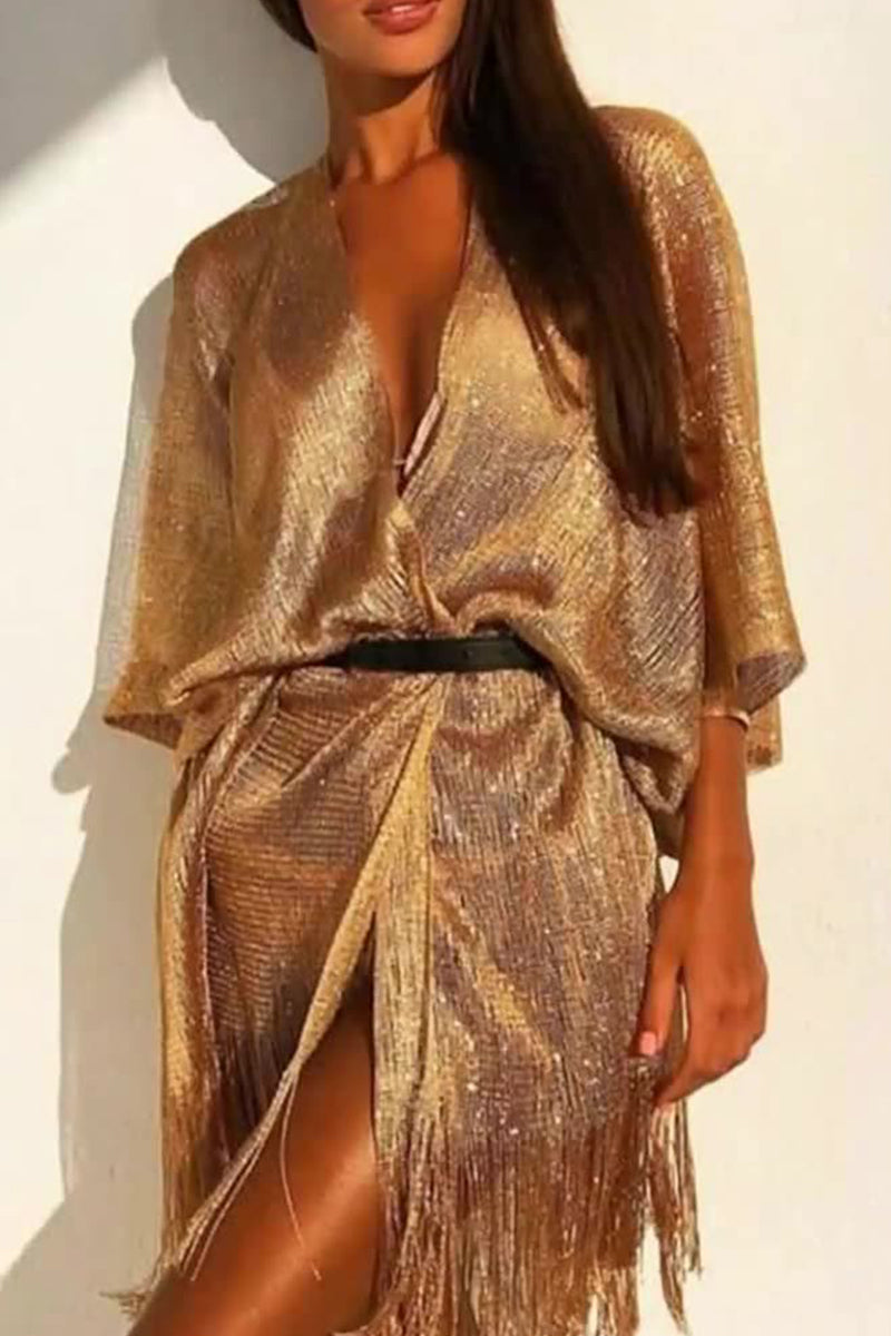 Sexy Vacation Solid Tassel Slit Sequined Swimwears Cover Up Gold One Size