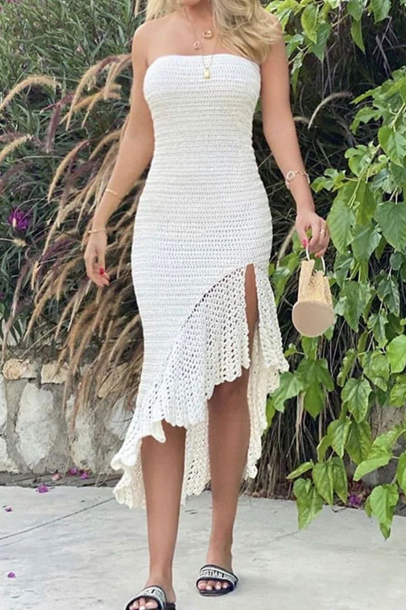 Sexy Vacation Solid Tassel Hollowed Out Asymmetrical Strapless Beach Dress Dresses White