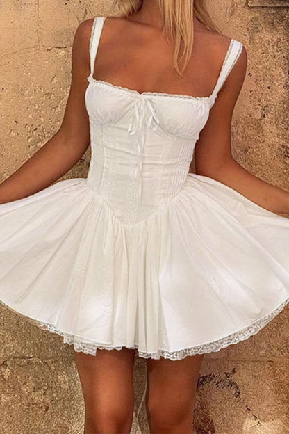 Sweet Elegant Solid Lace U Neck Sling Dress Dresses White