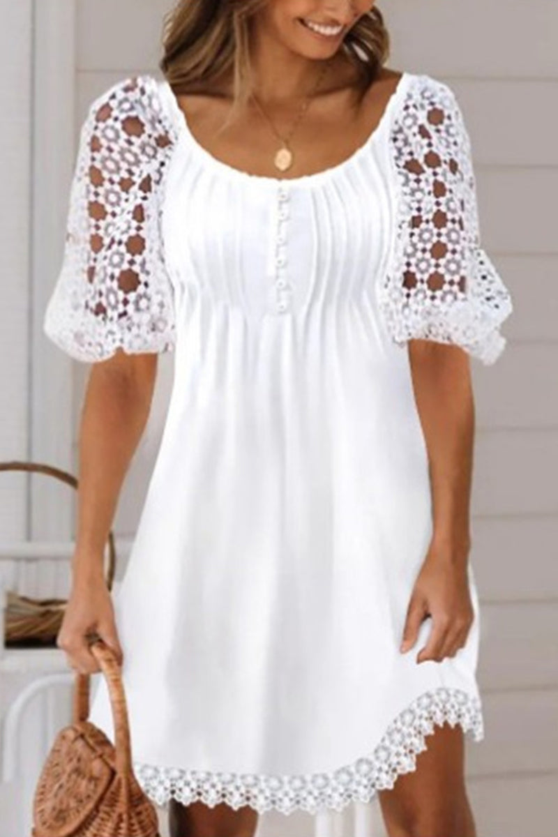 Casual Solid Lace Hollowed Out O Neck A Line Dresses White