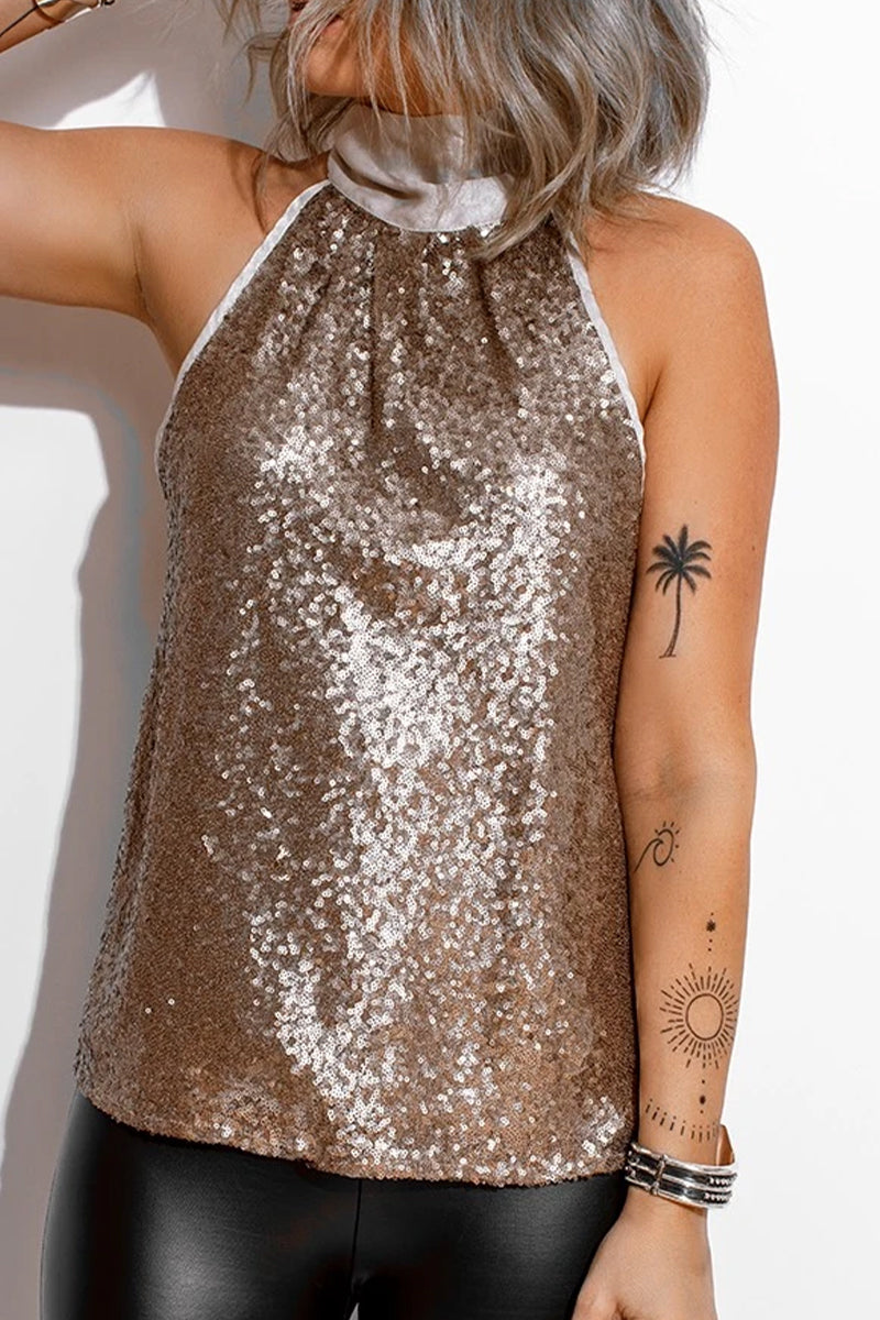 Sexy Solid Sequins Frenulum Tops Champagne