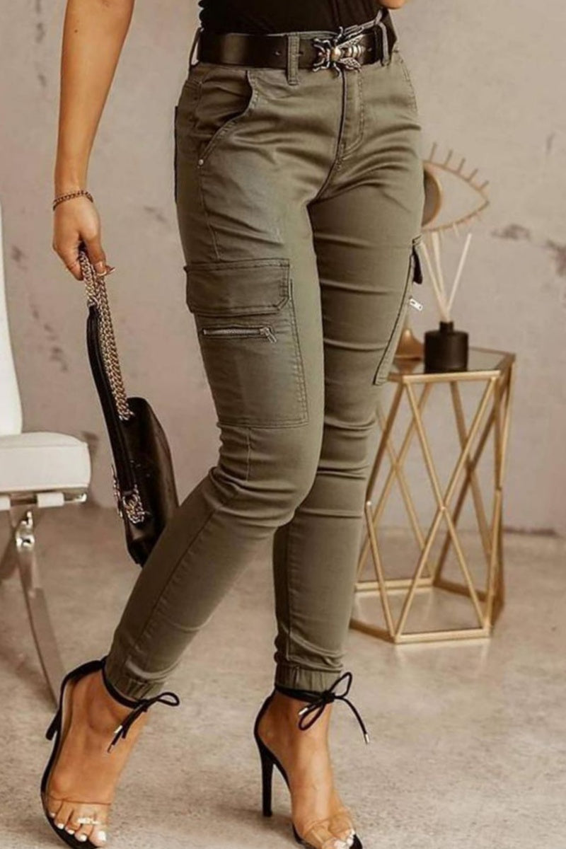 Casual Solid Patchwork Skinny Mid Waist Pencil Solid Color Trousers Green