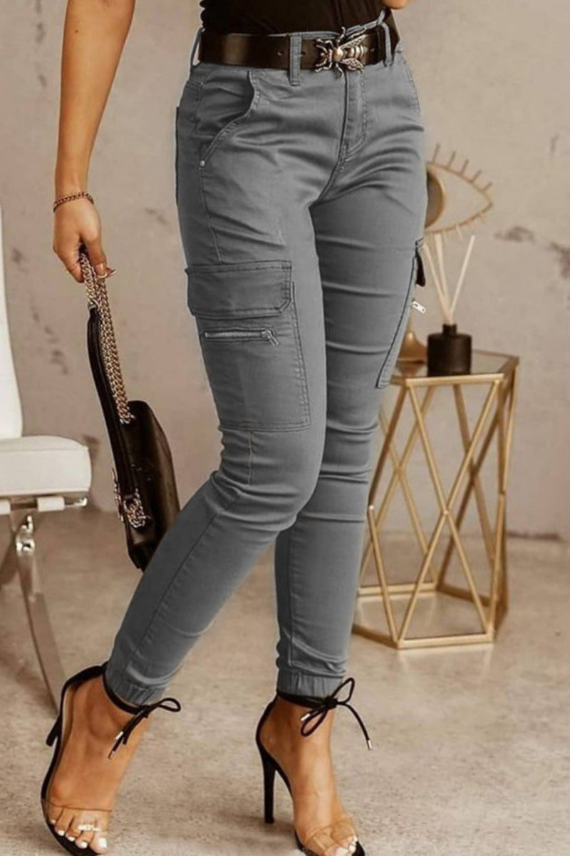 Casual Solid Patchwork Skinny Mid Waist Pencil Solid Color Trousers Grey