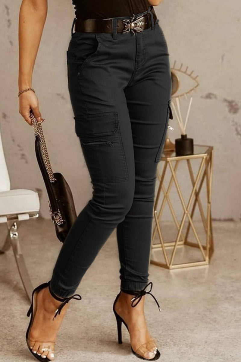 Casual Solid Patchwork Skinny Mid Waist Pencil Solid Color Trousers Black