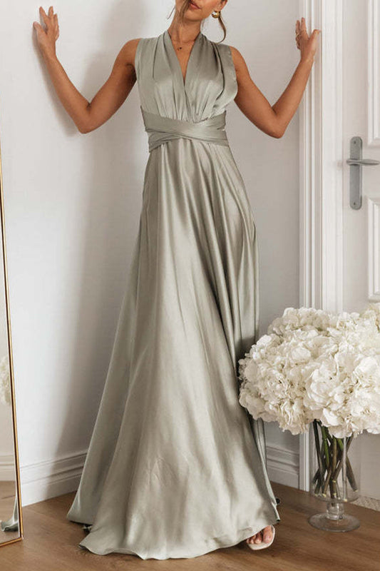 Celebrities Elegant Solid Backless Strap Design V Neck Evening Dress Dresses Grey