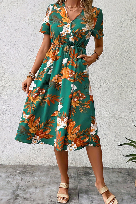 Vintage Elegant Floral Pocket V Neck Printed Dress Dresses Green