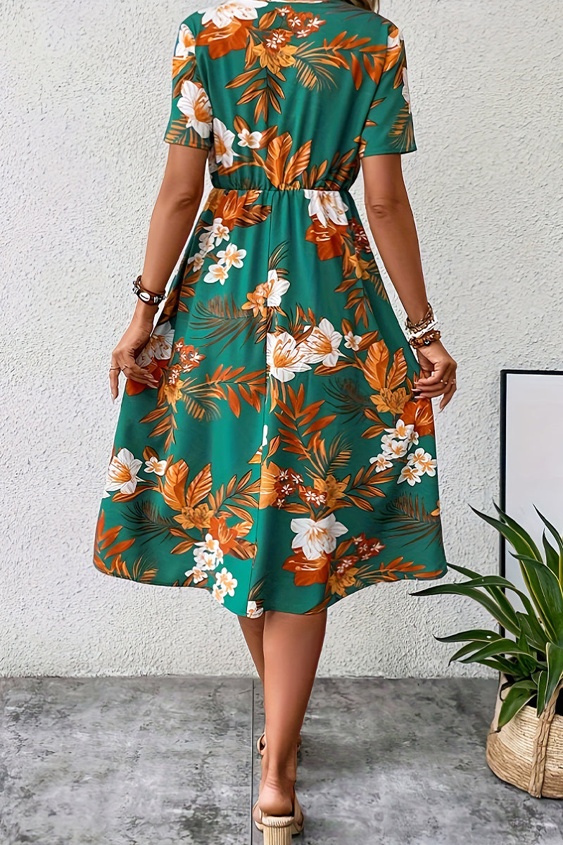 Vintage Elegant Floral Pocket V Neck Printed Dress Dresses