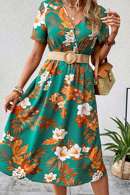 Vintage Elegant Floral Pocket V Neck Printed Dress Dresses