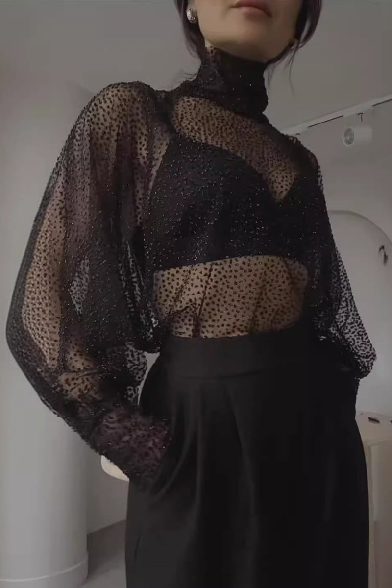 Sexy Solid See-through Sequined Turtleneck Tops Black