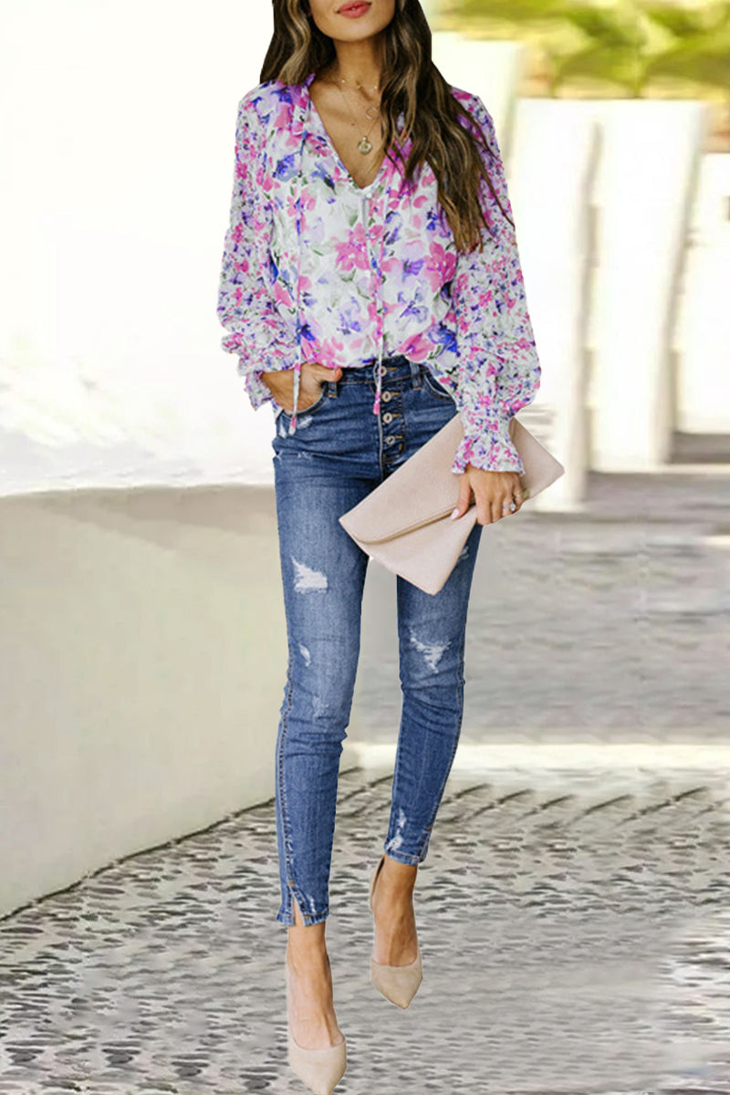 Sweet Elegant Floral Frenulum Buckle Mandarin Collar Tops