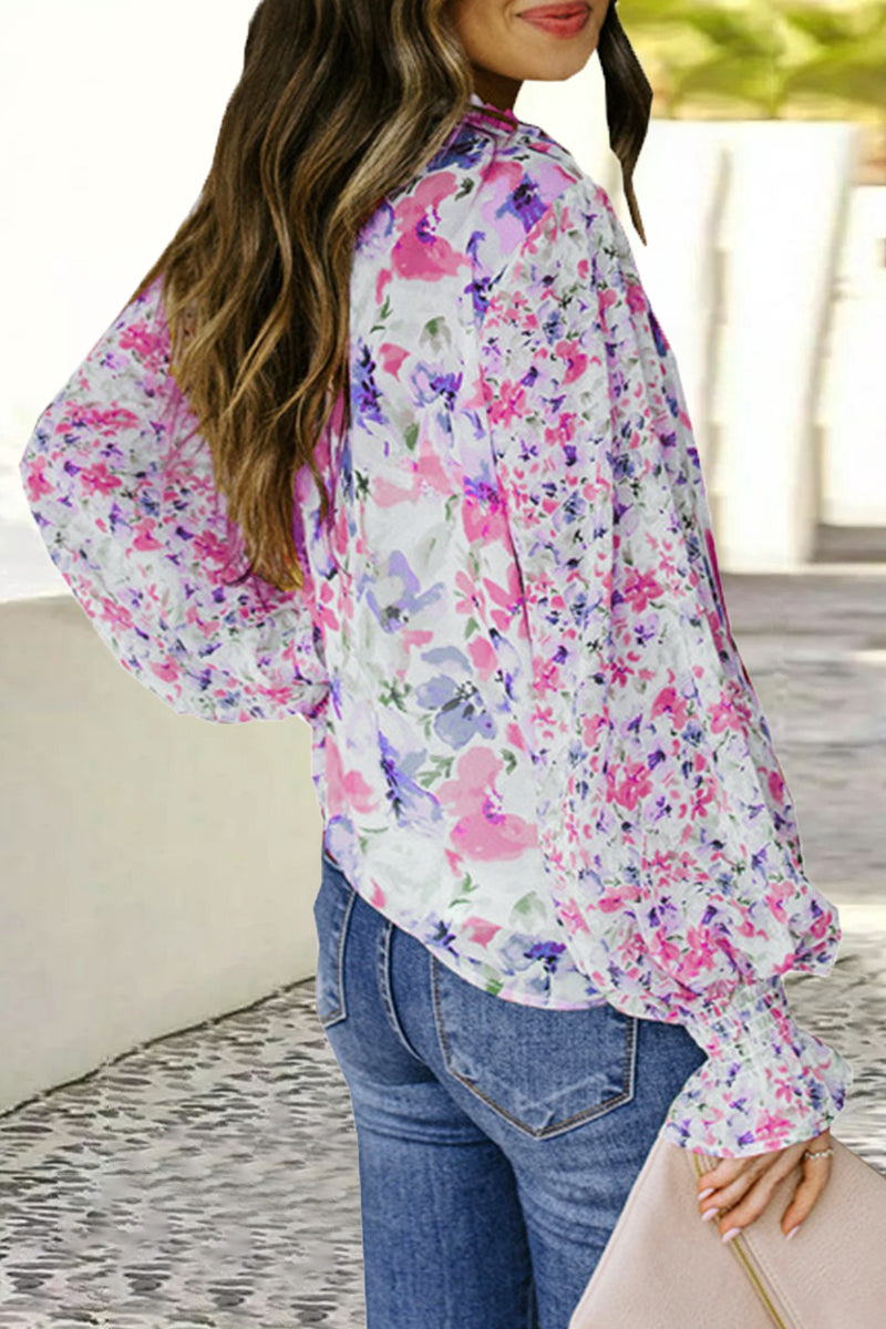 Sweet Elegant Floral Frenulum Buckle Mandarin Collar Tops