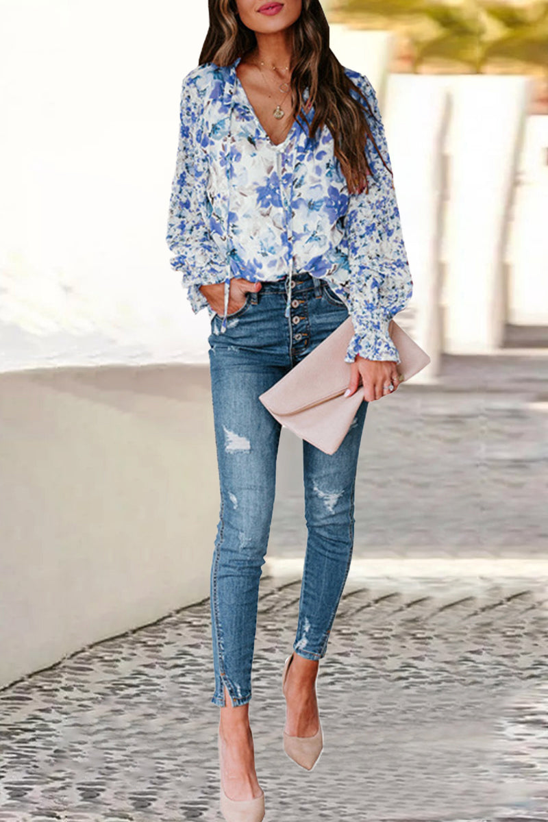 Sweet Elegant Floral Frenulum Buckle Mandarin Collar Tops