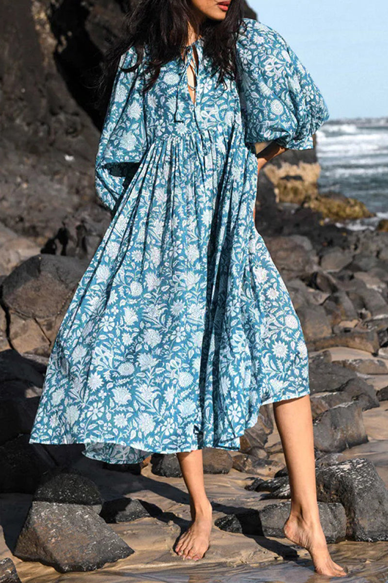 Casual Vacation Camouflage Print Patchwork V Neck Beach Dress Dresses Sky Blue