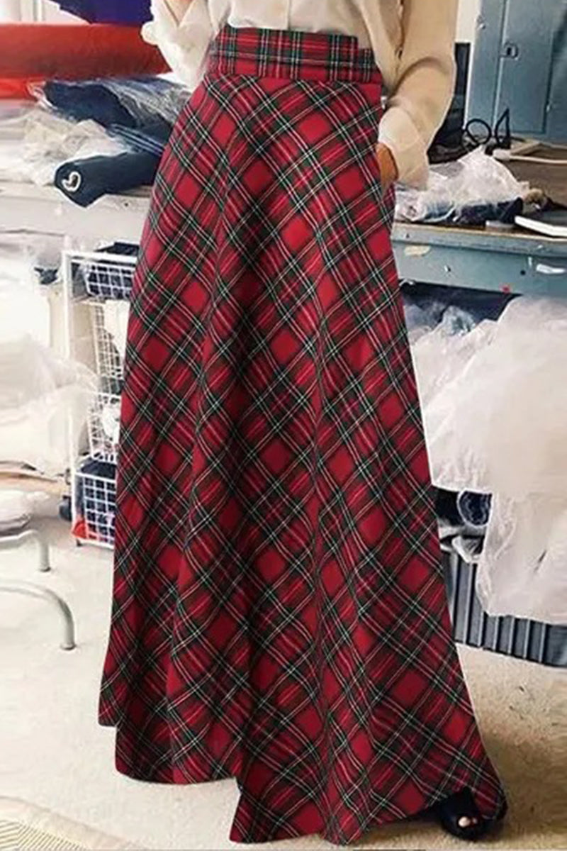 Elegant Plaid Contrast High Waist Type A Full Print Bottoms Red