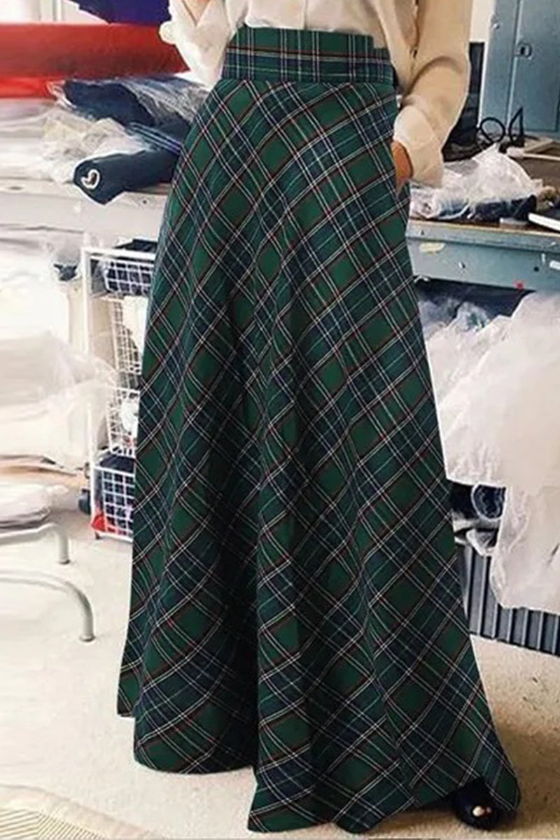 Elegant Plaid Contrast High Waist Type A Full Print Bottoms Malachite Green