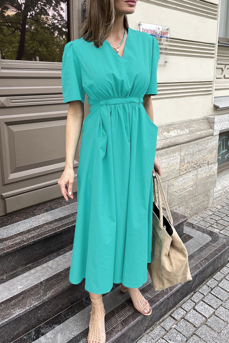 Casual Solid Draw String Pocket V Neck A Line Dresses