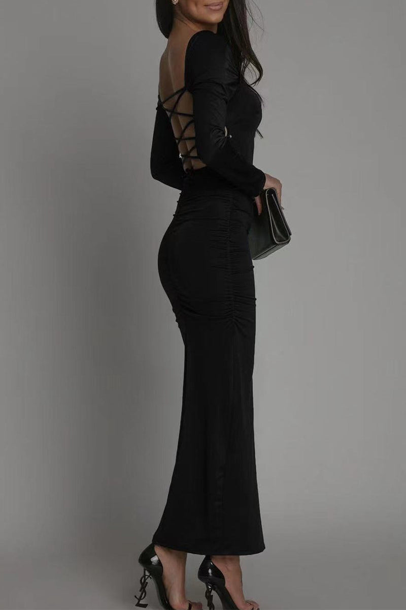 Sexy Solid Backless Slit Square Collar Wrapped Skirt Dresses