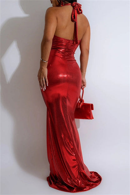 Sexy Solid Bandage Hollowed Out Backless Halter Long Dress Dresses