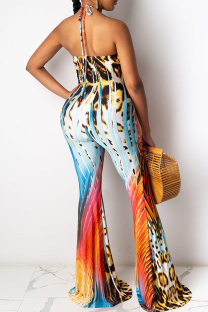 Sexy Print Bandage Patchwork Halter Regular Jumpsuits