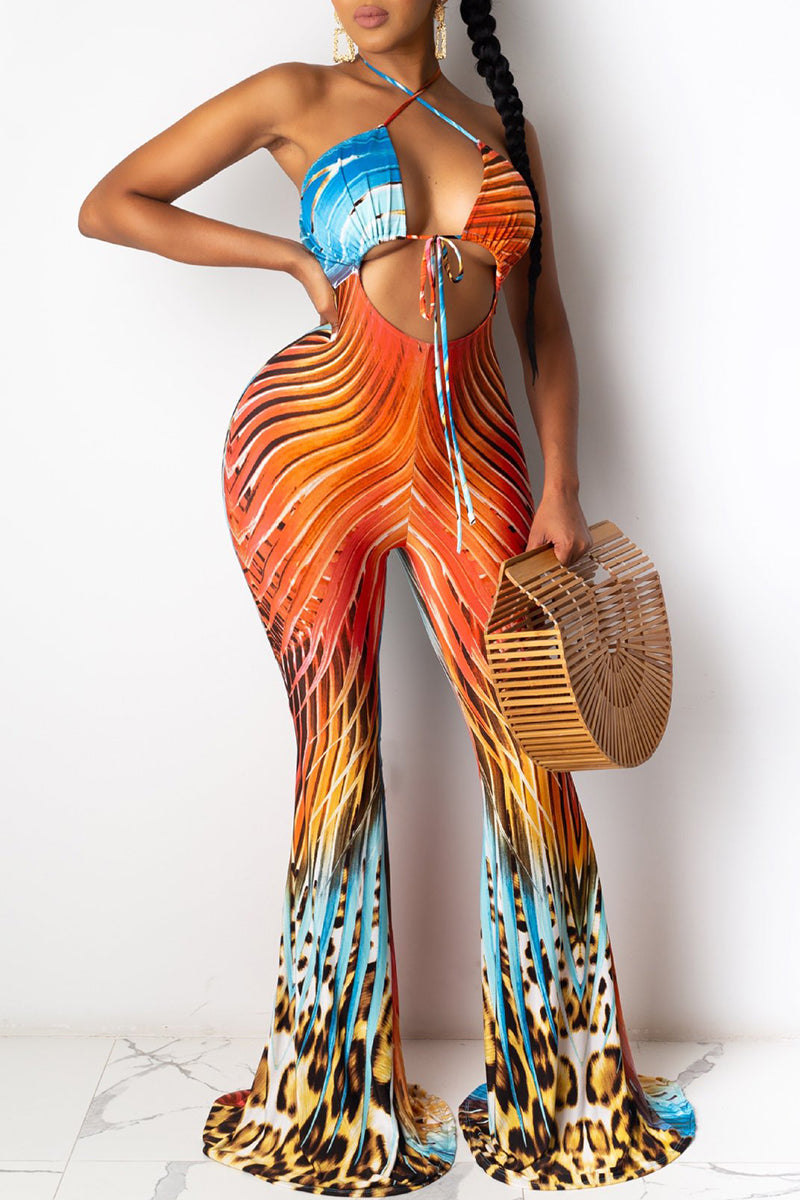 Sexy Print Bandage Patchwork Halter Regular Jumpsuits Multi-color