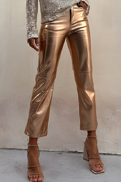 Casual Solid Patchwork Pocket Loose Mid Waist Straight Solid Color Bottoms Gold