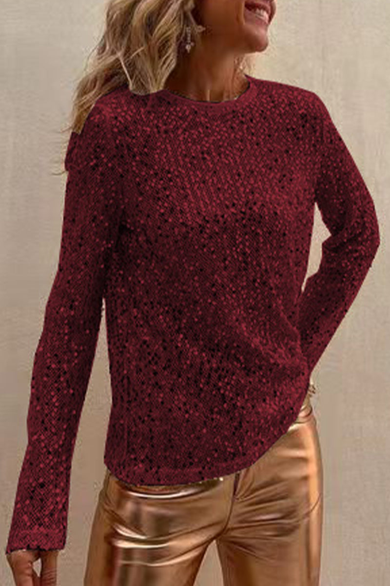 Casual Solid Sequins Sequined O Neck Tops Burgundy