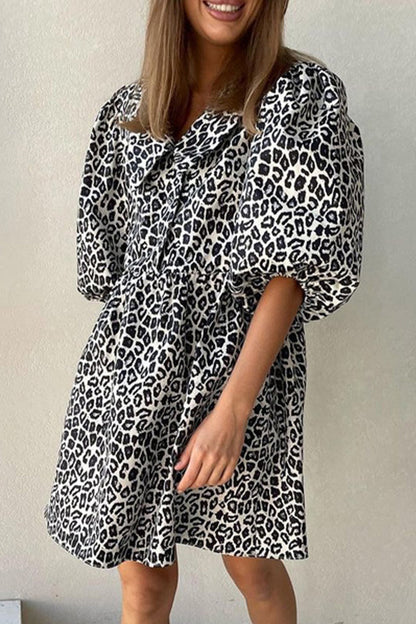 Casual Vintage Print Leopard With Belt Without Belt Turndown Collar Printed Dress Dresses Black