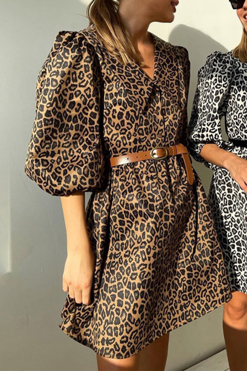 Casual Vintage Print Leopard With Belt Without Belt Turndown Collar Printed Dress Dresses Brown