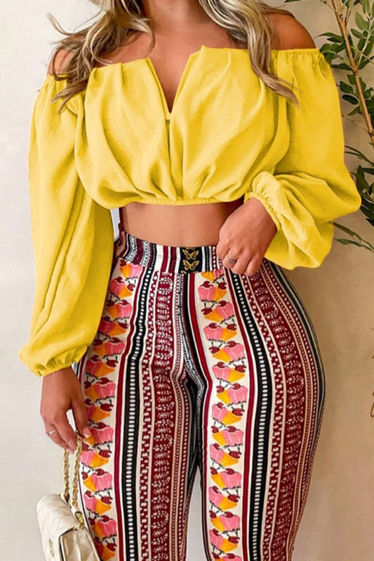 Casual Print Backless Off the Shoulder Long Sleeve Two Pieces Yellow