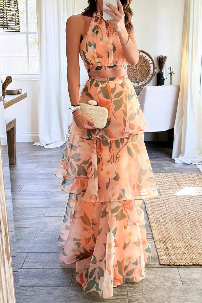 Elegant Gradual Change Print Mesh Halter Sleeveless Two Pieces Apricot