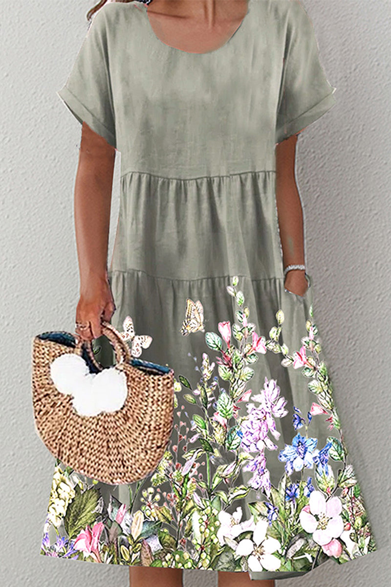 Sweet Floral Patchwork O Neck A Line Short Sleeve Dress Green