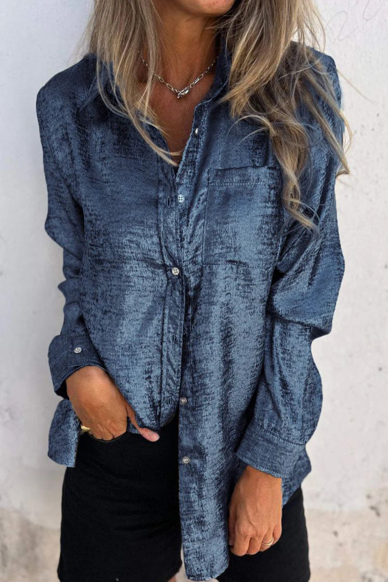 Casual Solid Sequined Turndown Collar Tops Blue