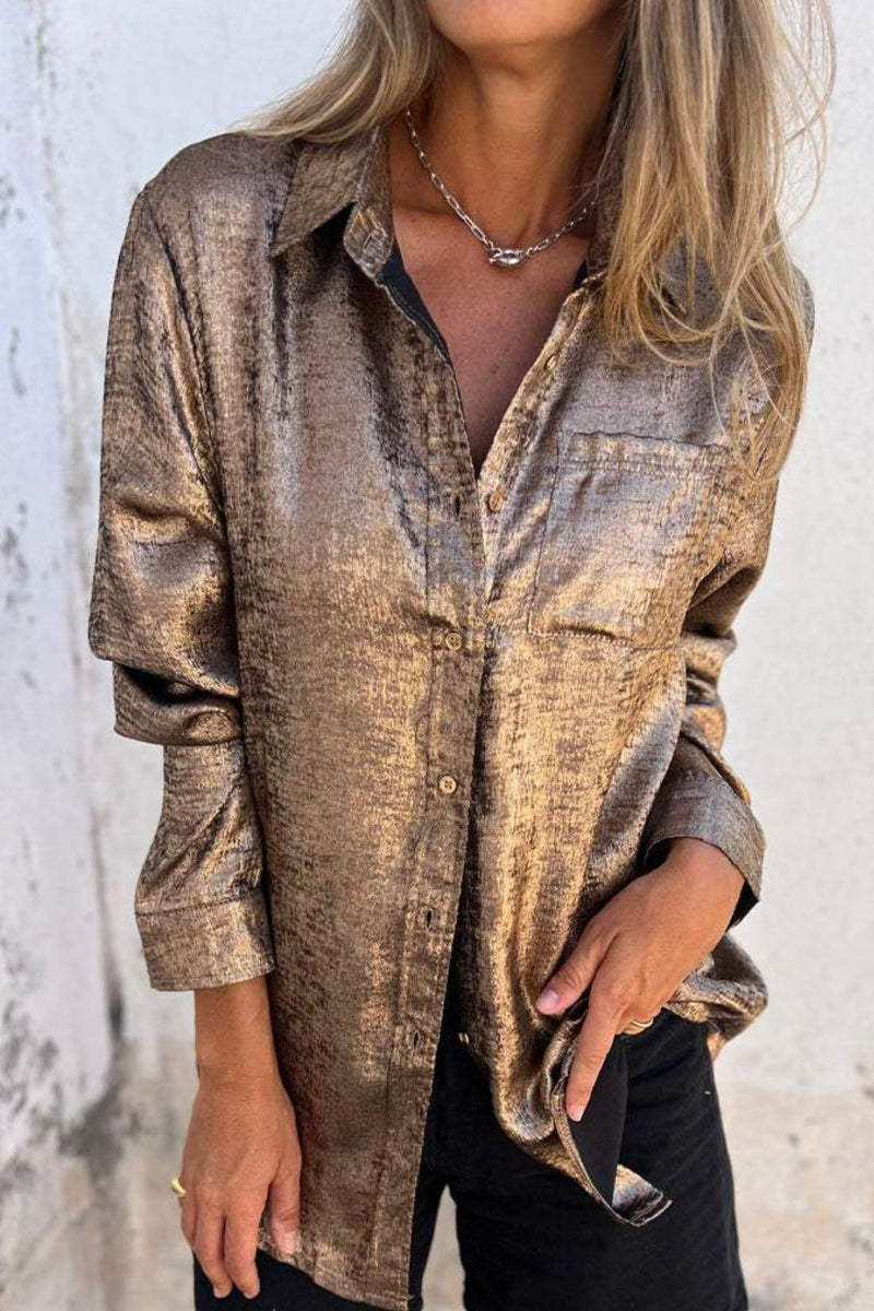 Casual Solid Sequined Turndown Collar Tops Gold