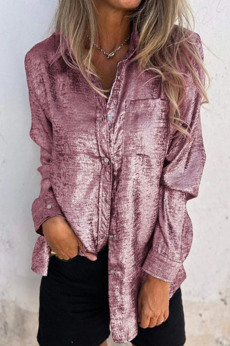 Casual Solid Sequined Turndown Collar Tops Pink