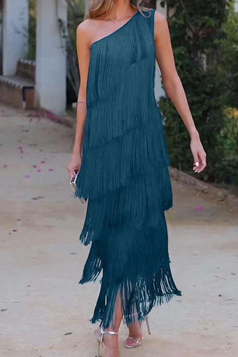 Sexy Solid Tassel Oblique Collar Irregular Dress Dresses Peacock Blue