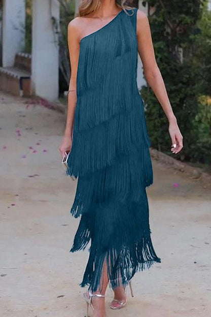 Sexy Solid Tassel Oblique Collar Irregular Dress Dresses Peacock Blue