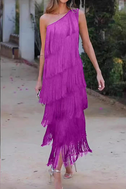 Sexy Solid Tassel Oblique Collar Irregular Dress Dresses Purple