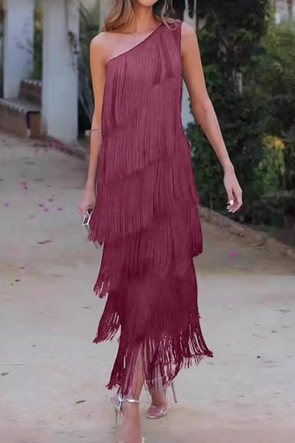 Sexy Solid Tassel Oblique Collar Irregular Dress Dresses Deep Red