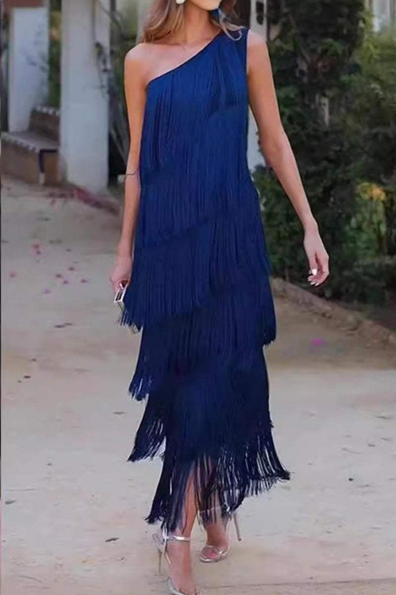 Sexy Solid Tassel Oblique Collar Irregular Dress Dresses Blue