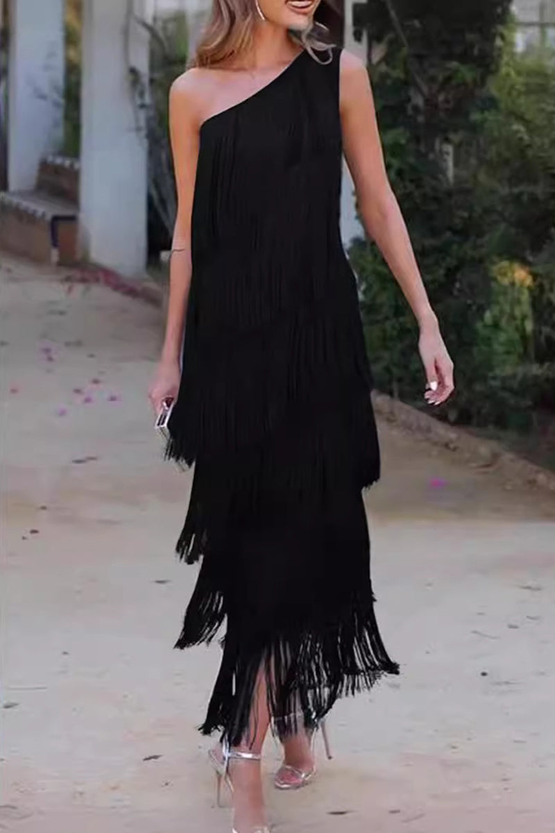 Sexy Solid Tassel Oblique Collar Irregular Dress Dresses Black