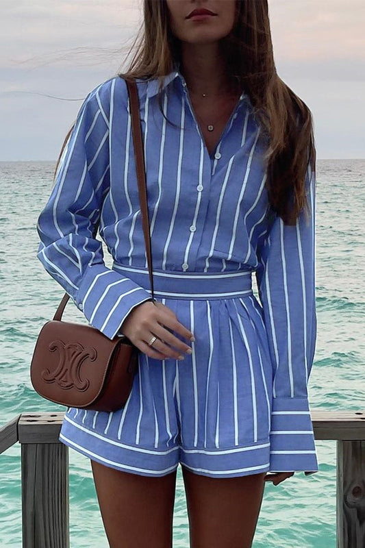 Casual Striped Patchwork Turndown Collar Long Sleeve Two Pieces Blue