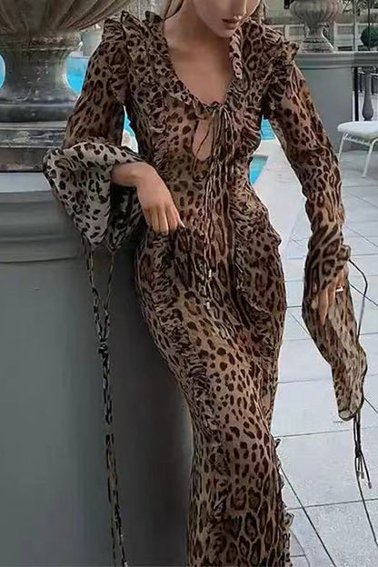 Sexy Celebrities Leopard Flounce Slit V Neck Long Sleeve Dresses