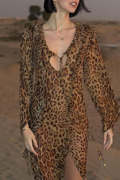 Sexy Celebrities Leopard Flounce Slit V Neck Long Sleeve Dresses Leopard Print