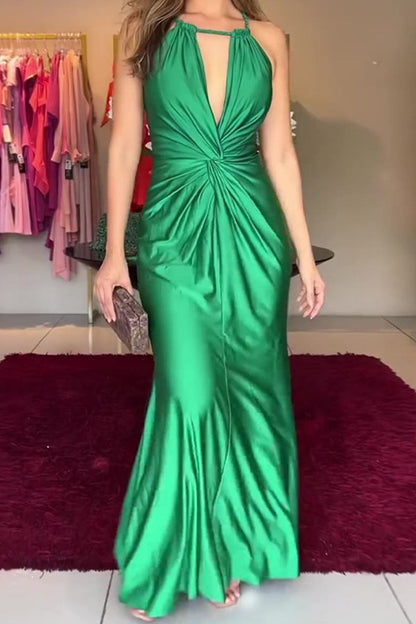 Elegant Formal Solid Fold Halter Waist Skirt Dresses Green