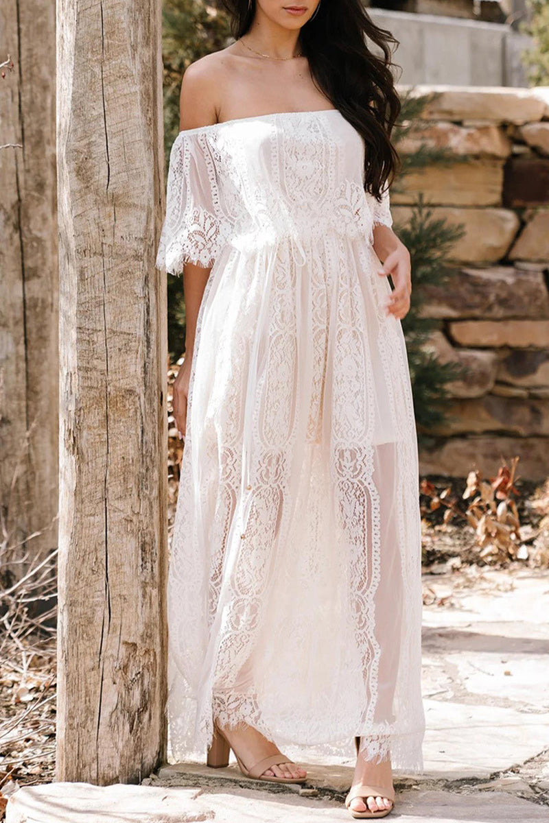 Elegant Solid Lace See-through Off the Shoulder A Line Dresses